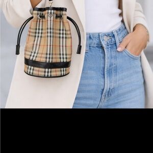 Burberry Beige Classic Check Drawstring Wristlet with Black Trim and Red Accents